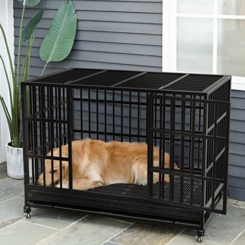 LEMBERI 48/38 inch Heavy Duty Dog Crate with Lockable Wheels, Double Door, Removable Tray Z823935
