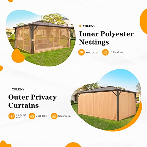 YOLENY 10'x13' Hardtop Gazebo with Aluminum Frame and Curtains F853