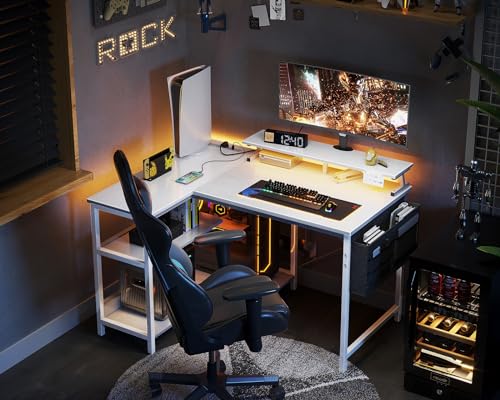 ODK 48 Inch L Shaped Gaming Desk with USB Charging Ports and LED Lights S136