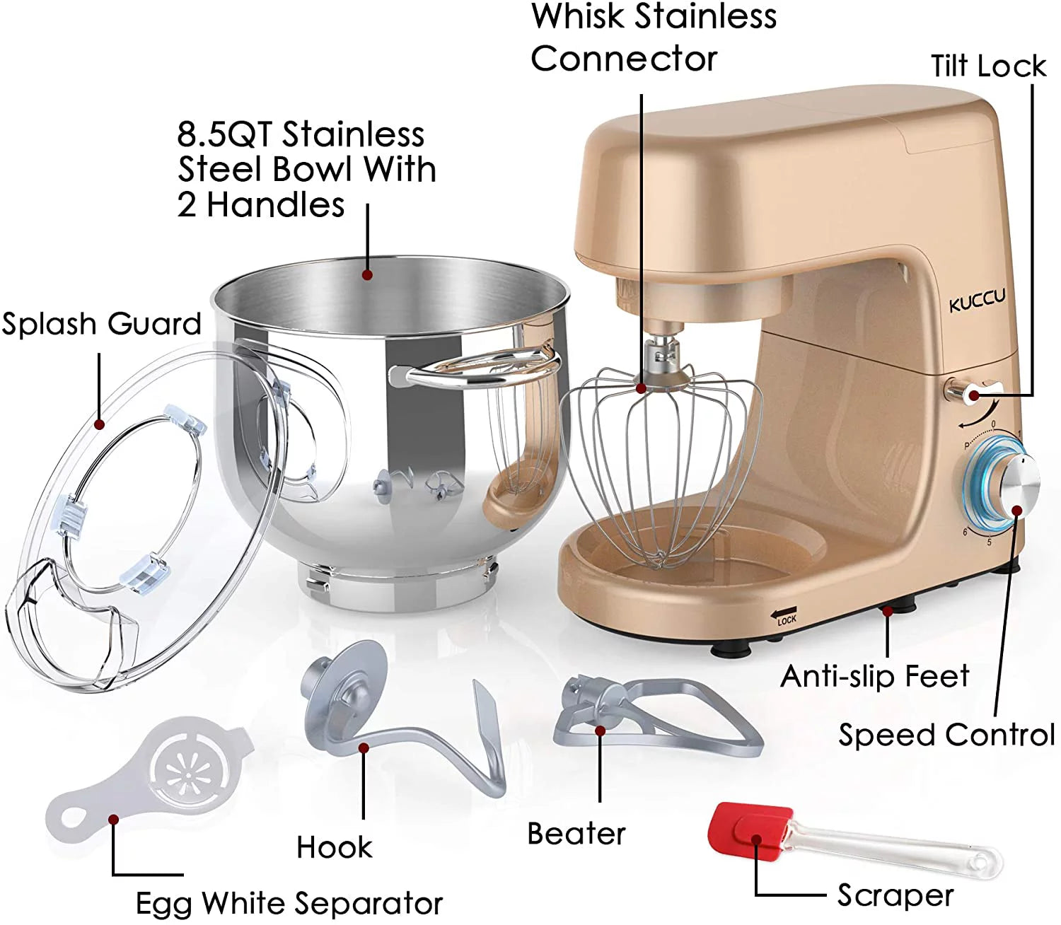 Kuccu Stand Mixer 8.5 Qt 660W 6-Speed Tilt-Head Electric Kitchen Mixer J1260