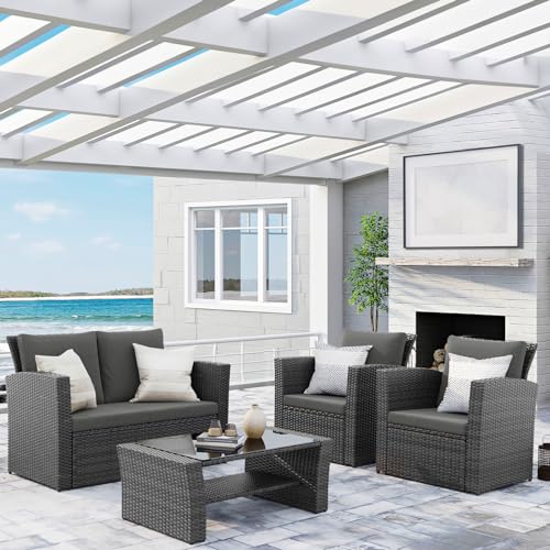 Wisteria Lane 4 Piece Outdoor Patio Furniture Set, Gray Rattan Sofa with Cushion P41861