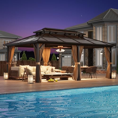 YOLENY 10'x13' Hardtop Gazebo with Aluminum Frame and Curtains F853