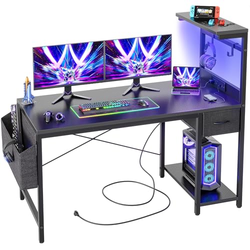 TIQLAB Gaming Desk 47 inch with Power Outlet and LED Light, Carbon Fiber Black P5873