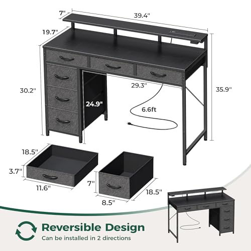 Huuger Gaming Desk with 6 Drawers, LED Lights, 47 Inch, Black N423283