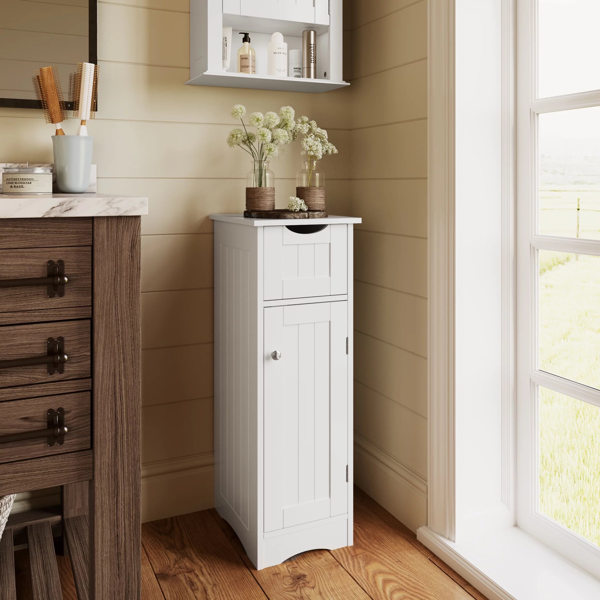 Ashland Slim Cabinet with Drawer, White