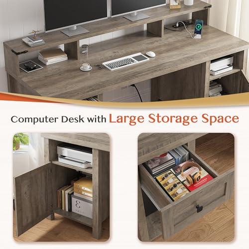 EnHomee Farmhouse Office Desk with Drawer & Power Outlets, Ash Gray K849