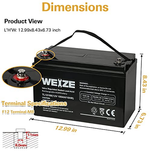 Weize Deep Cycle AGM 12V 100Ah Battery for RV, Solar, Marine C30451