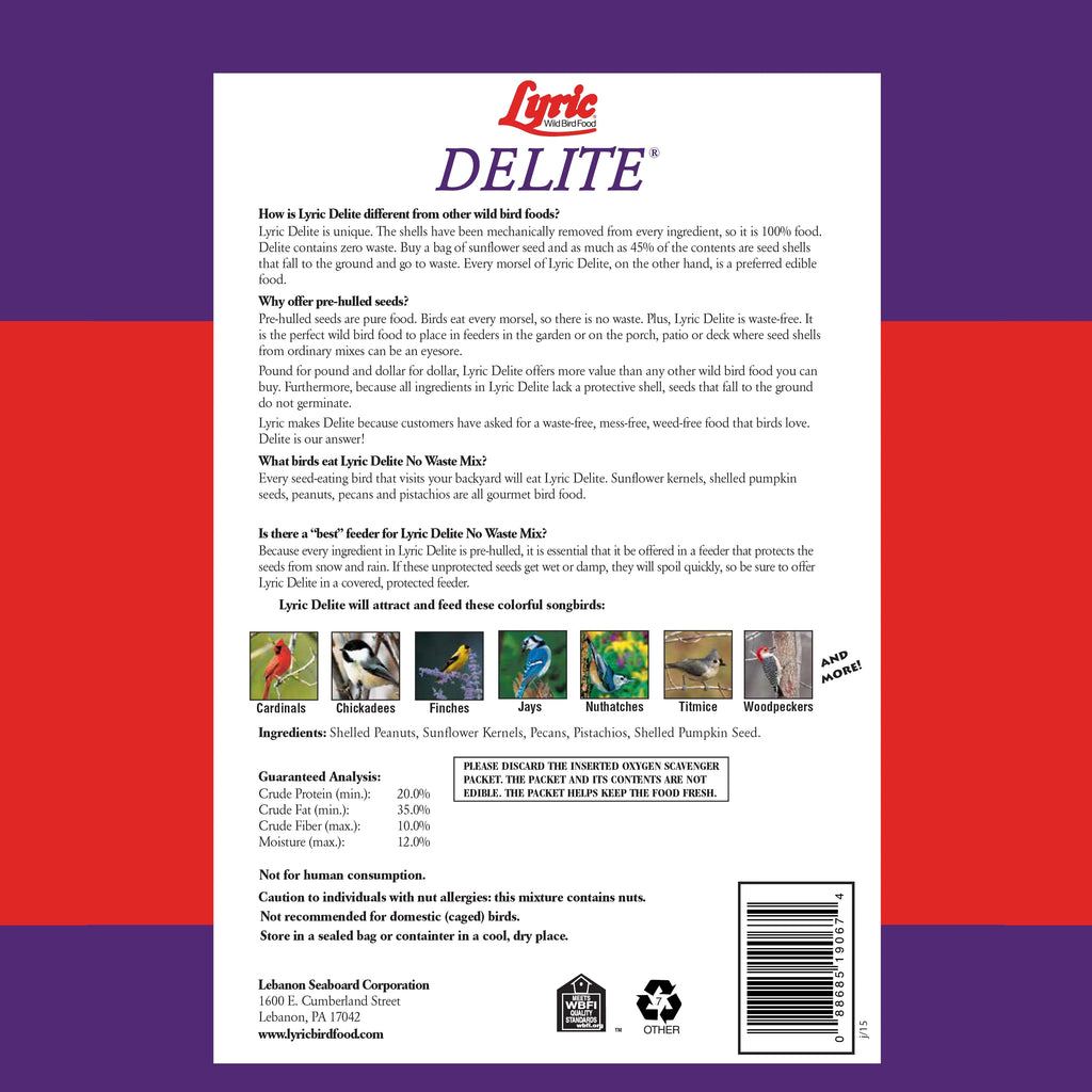 Lyric Delite Wild Bird Seed, No Waste Shell-Free Nuts & Seeds, 20 lb. Bag Q803048