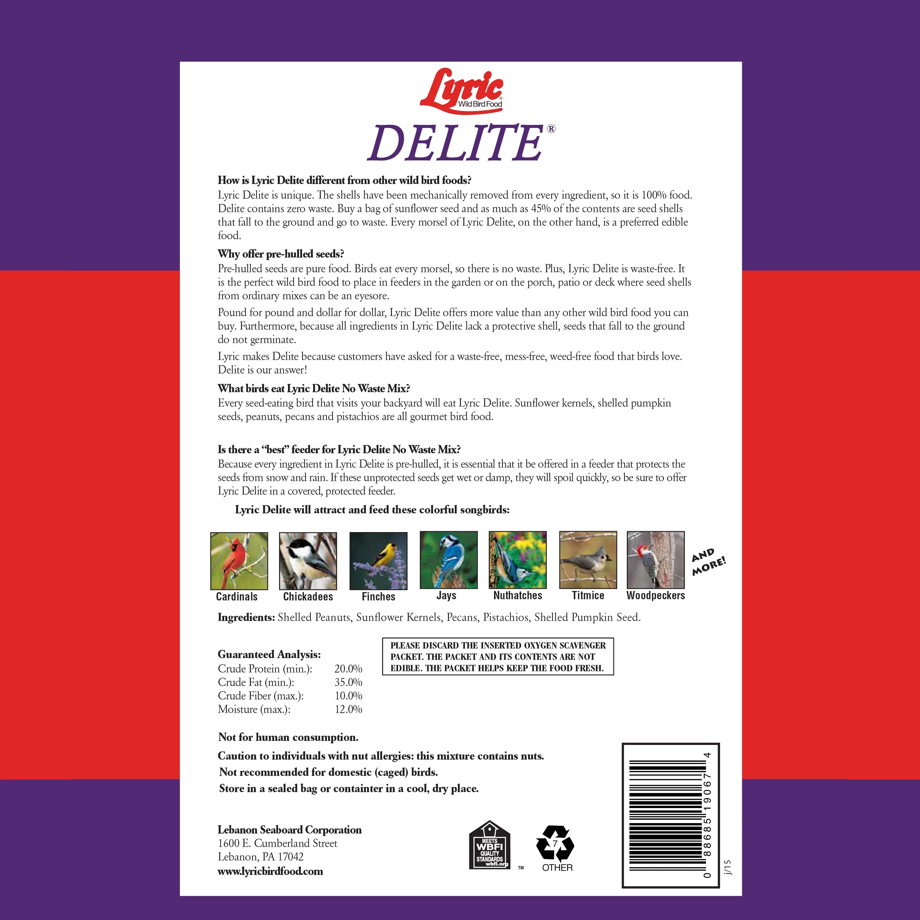 Lyric Delite Wild Bird Seed, No Waste Shell-Free Nuts & Seeds, 20 lb. Bag Q803048