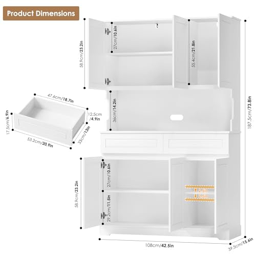 74" Tall Pantry Cabinet with 6 Doors and 2 Drawers, Grey E15130