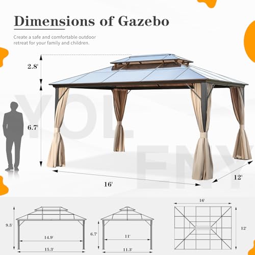 YOLENY 10'x13' Hardtop Gazebo with Aluminum Frame and Curtains F853