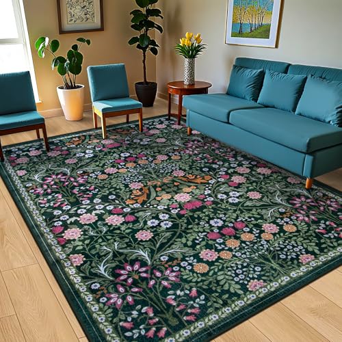 8x10 Floral Washable Area Rug for Living Room, Vintage Soft Non-Slip Carpet Z978379