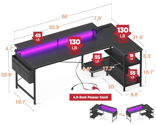 ODK 48 Inch L Shaped Gaming Desk with USB Charging Ports and LED Lights S136