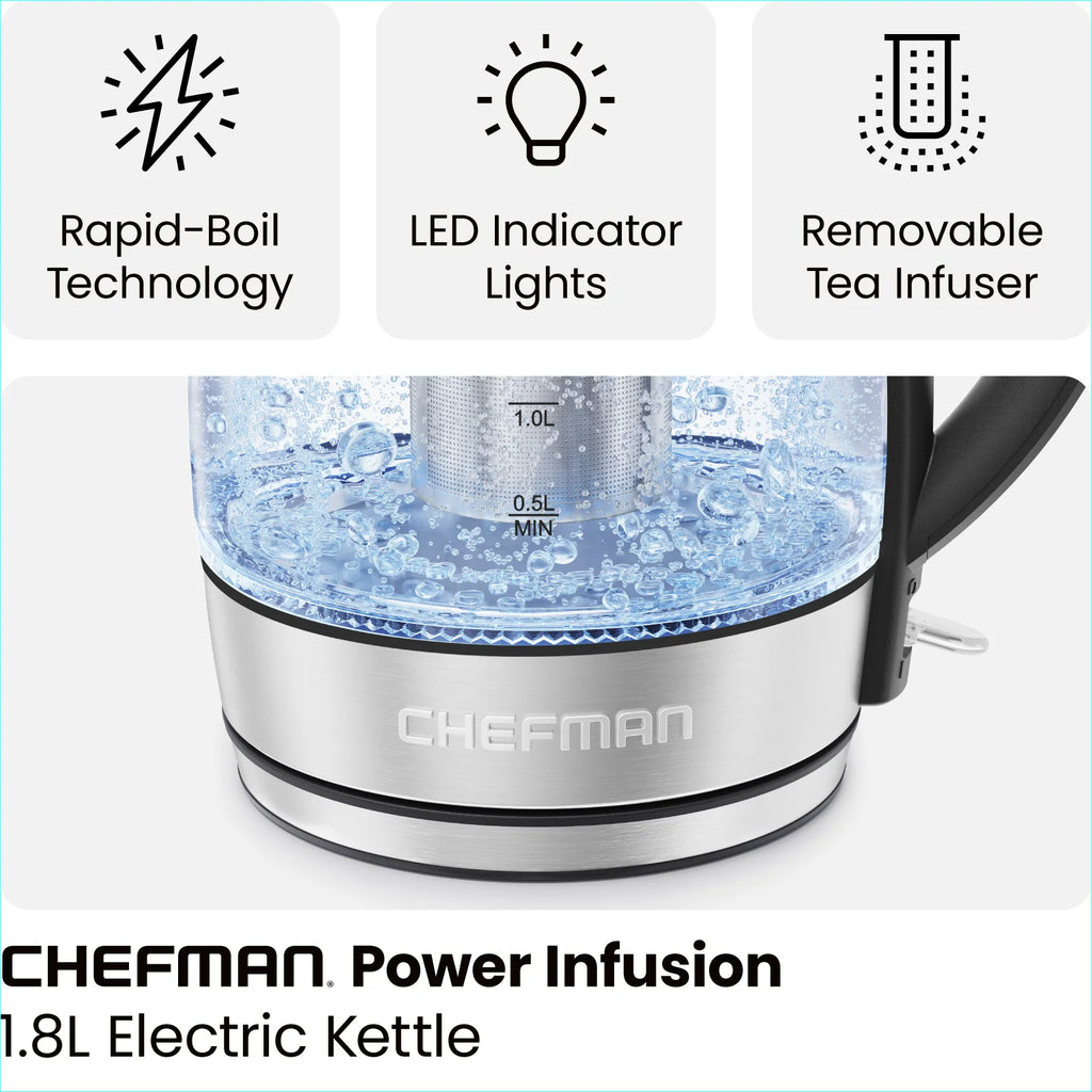Chefman 1.8L Electric Glass Kettle with Removable Tea Infuser Z5367