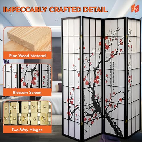 Legacy Decor 4-Panel Blossom Screen Portable Foldable Shoji Room Divider Black K541964