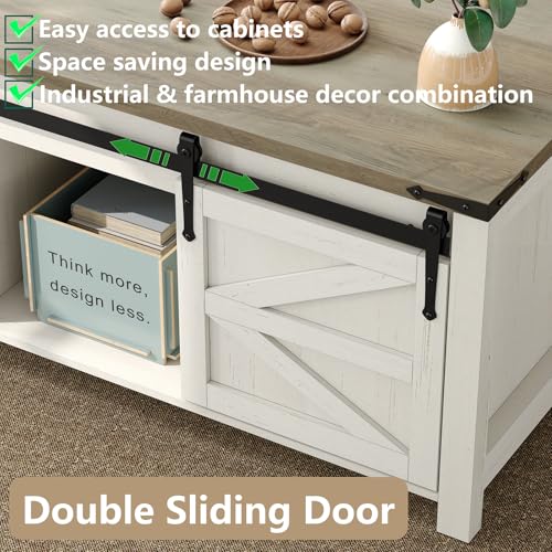 47.3" Lift Top Coffee Table with Storage and Barn Doors, White and Grey I616078