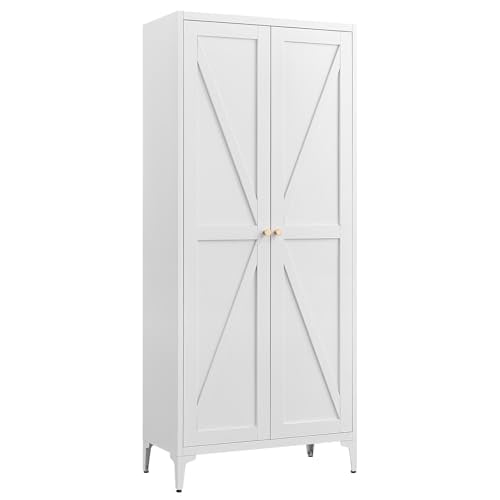 GREATMEET 65" Tall Kitchen Pantry Cabinet, White Metal Farmhouse Cupboard with Adjustable Shelves D202