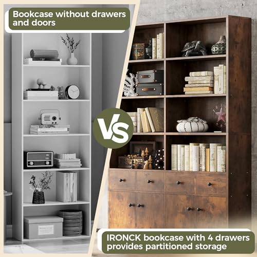 IRONCK 78.7" Bookcase with 4 Drawers and 4 Doors, 6 Tier, Vintage Black Z686086