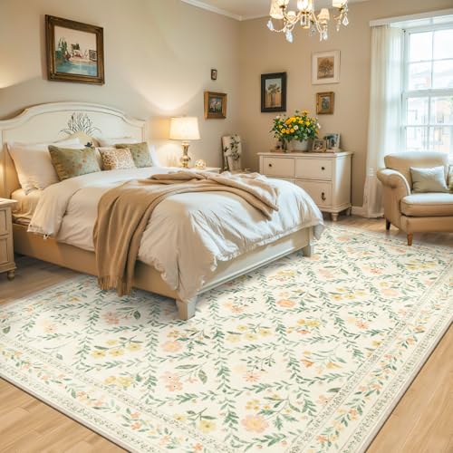 8x10 Floral Washable Area Rug for Living Room, Vintage Soft Non-Slip Carpet Z978379