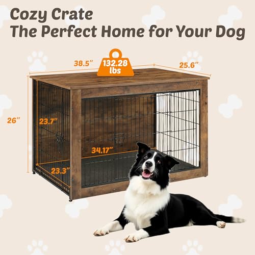 Wooden Dog Crate End Table with Dual Doors, Chew-Proof Design & Cushion, 27 Inch E6718
