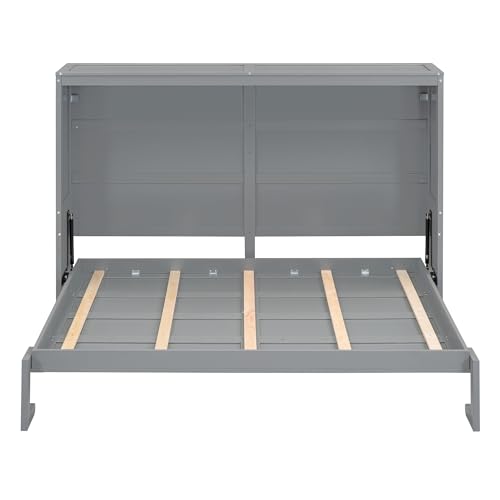 Merax Modern Farmhouse Solid Wood Murphy Cabinet Bed Queen Gray L422