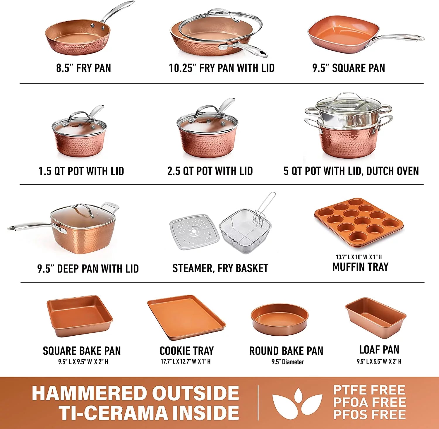 Gotham Steel Hammered Copper 20-Piece Cookware & Bakeware Set U8093