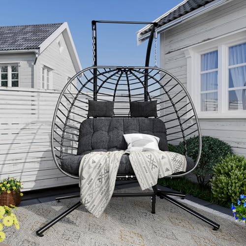 SWITTE Double Egg Swing Chair with Stand, Outdoor Patio Hanging Wicker Hammock with Cushion, Dark Grey X8839