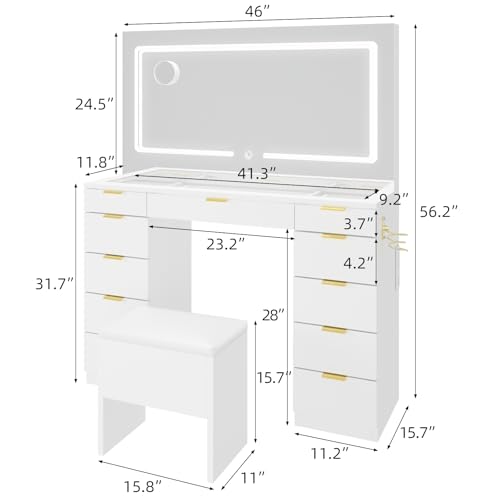 Farmhouse Vanity Desk with Lighted Mirror & Stool, 8 Shelves, 5 Drawers L80251