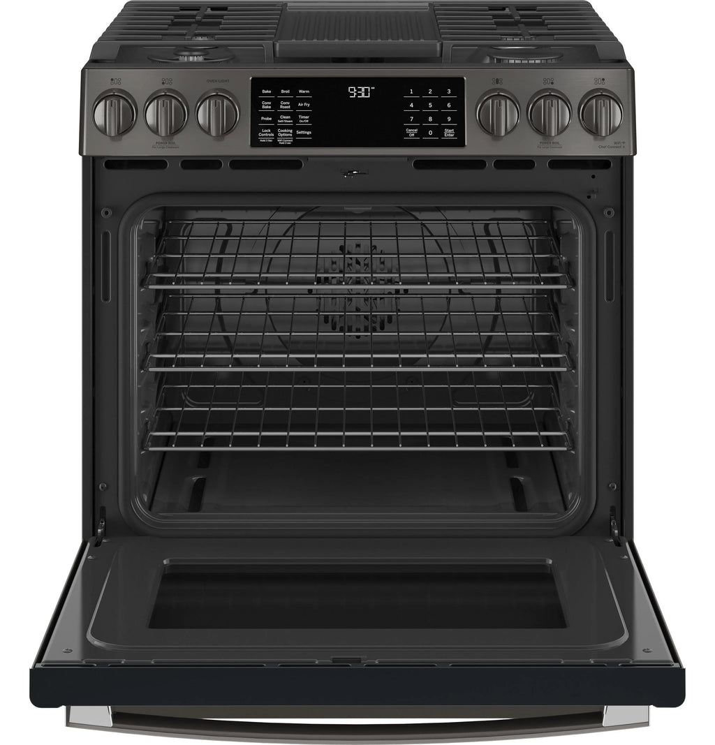 GE Profile 30" Slide-In Gas Range 5.6 Cu. Ft. Black Stainless Steel M31006