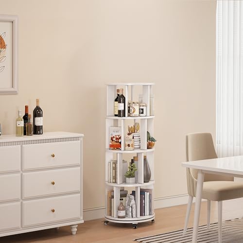 6 Tier Rotating Bookshelf Tower with Swivel Wheels, Solid Wood, Walnut B588