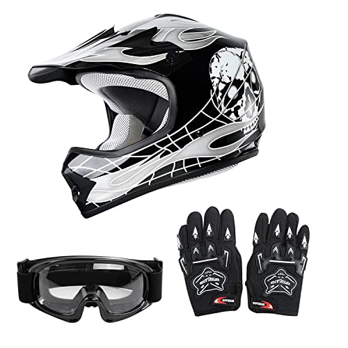 SLMOTO Dot Youth Kids Motocross Helmet Red Spider Design with Goggles and Gloves F254987