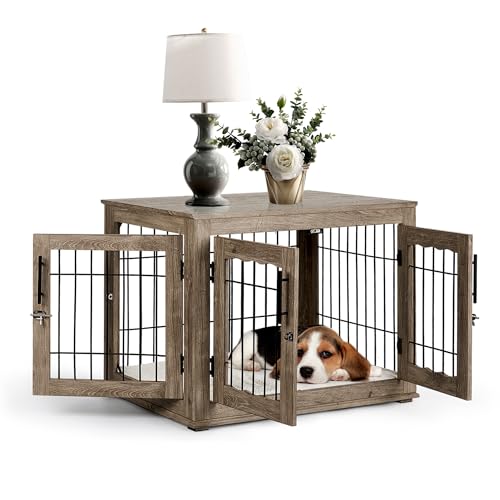 Wooden Dog Crate Furniture with Bed Mat, 32 Inch, 3 Doors, Greige X4054