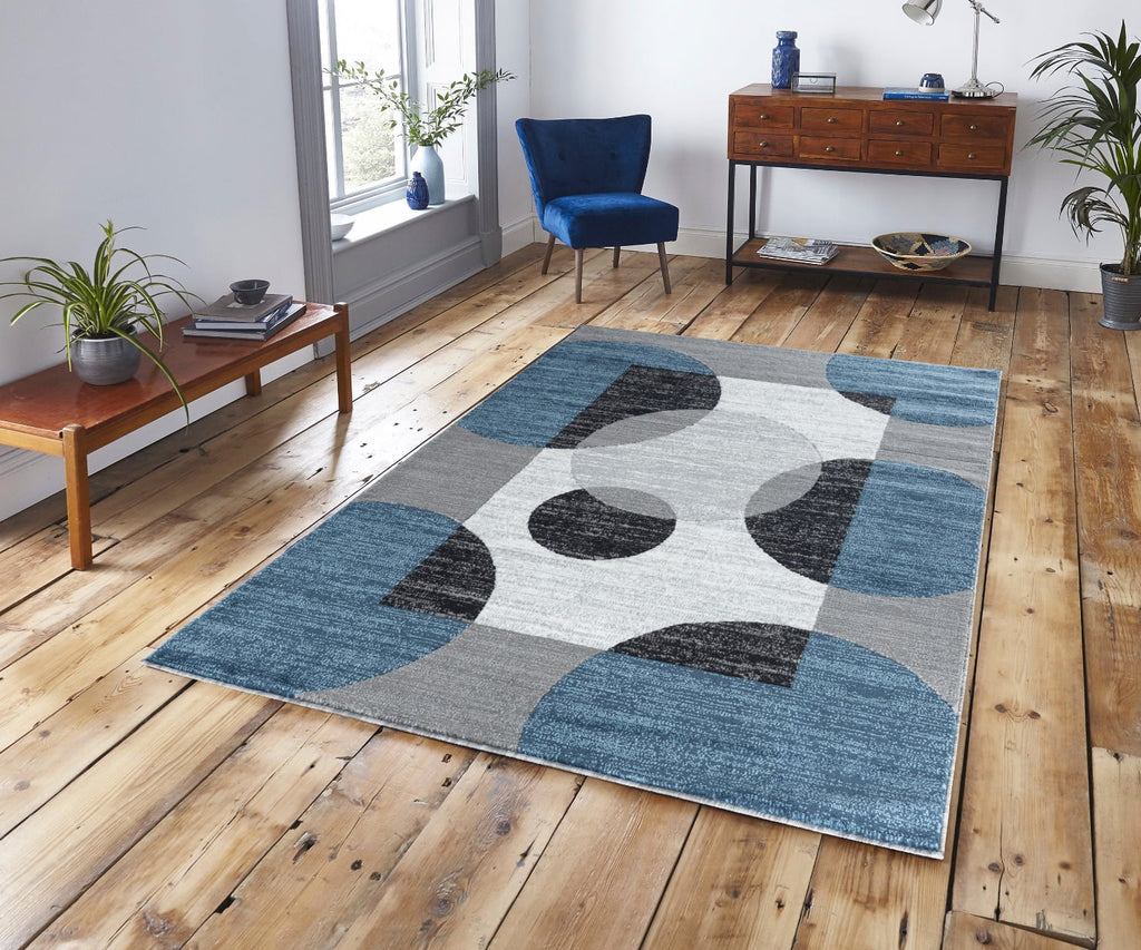 Newport Collection Modern Abstract Area Rug Blue Black White Grey H622596