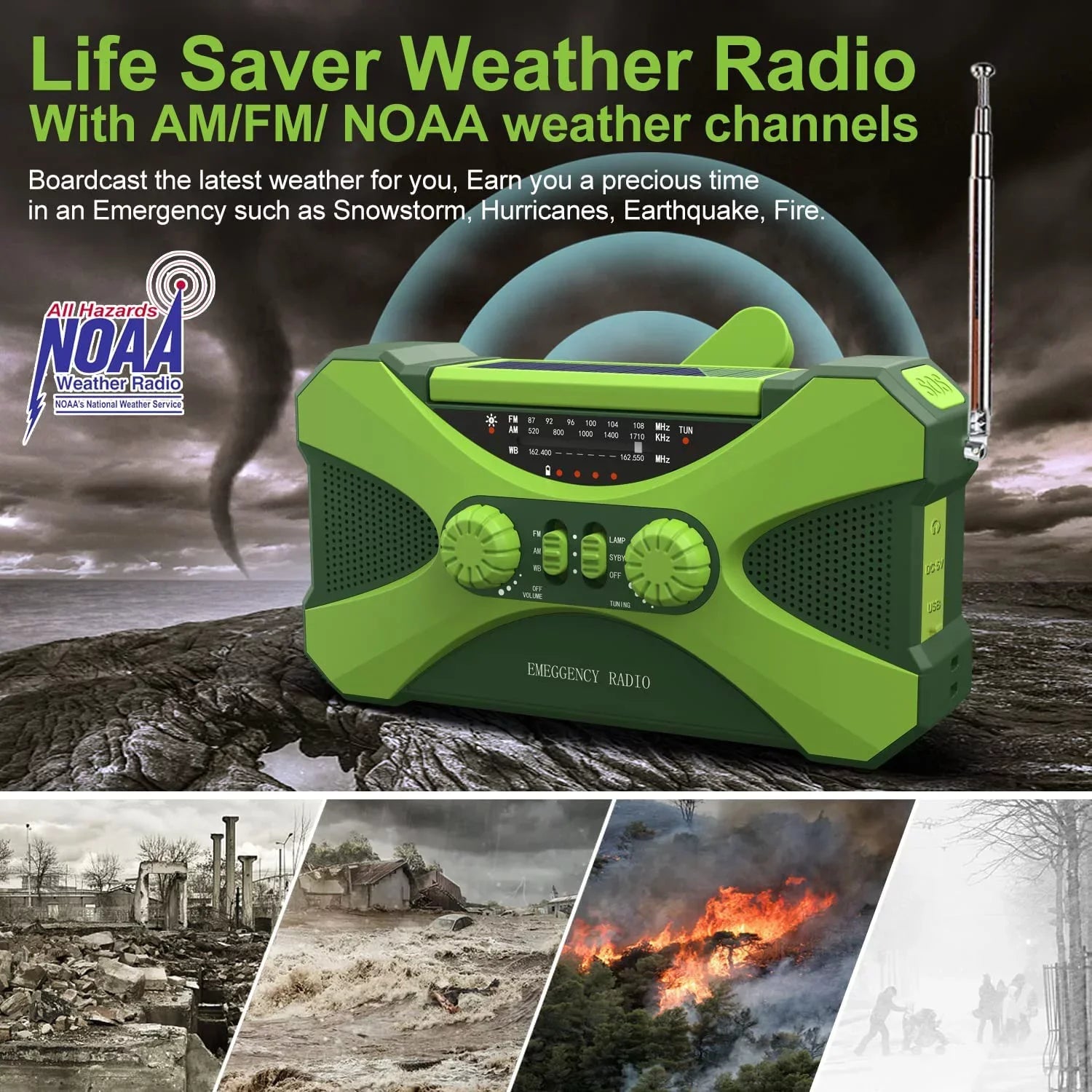 VUOHOEG Emergency Weather Radio, AM FM NOAA Hand Crank, Solar Powered with Flashlight G8078