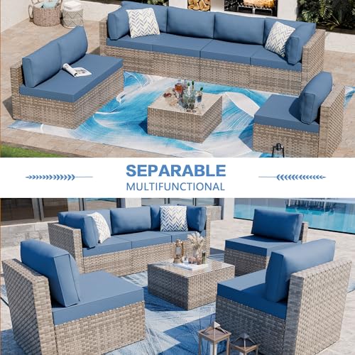 Shintenchi 5-Piece Outdoor Patio Sectional Sofa with Cushions and Glass Coffee Table, Aegean Blue U127322