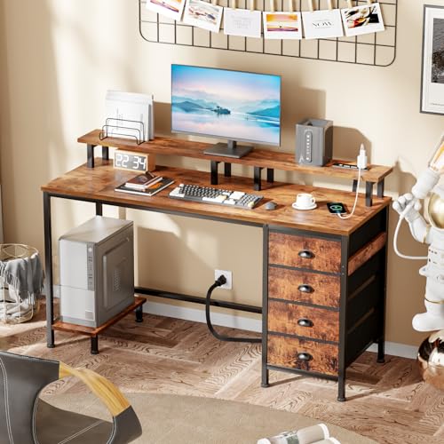 Furologee 47" Computer Gaming Desk with Monitor Stand, 4 Fabric Drawers & Power Outlets, Rustic Brown U645888