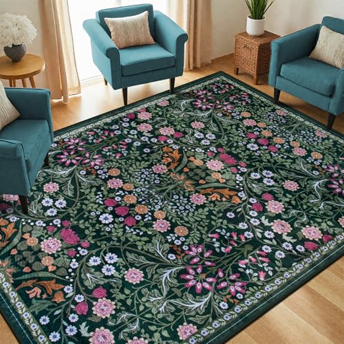 8x10 Floral Washable Area Rug for Living Room, Vintage Soft Non-Slip Carpet Z978379