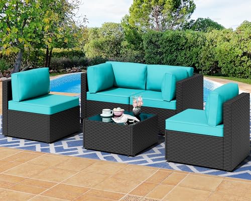 Shintenchi 5-Piece Outdoor Patio Sectional Sofa with Cushions and Glass Coffee Table, Aegean Blue U127322