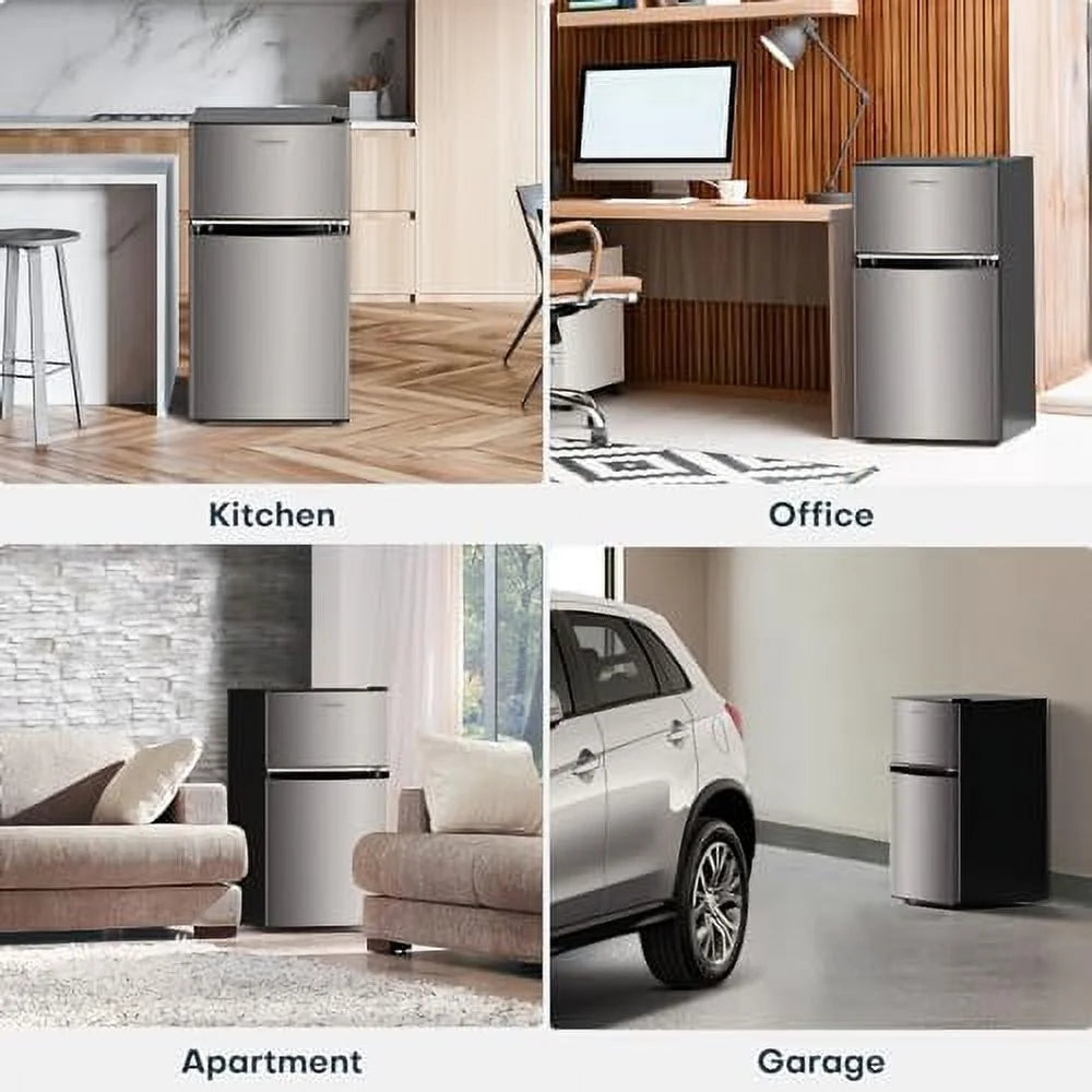 Upstreman 3.2 Cu.Ft Mini Fridge with Freezer, Double Door, Stainless V810808