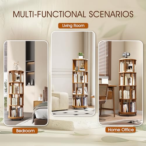 6 Tier Rotating Bookshelf Tower with Swivel Wheels, Solid Wood, Walnut B588