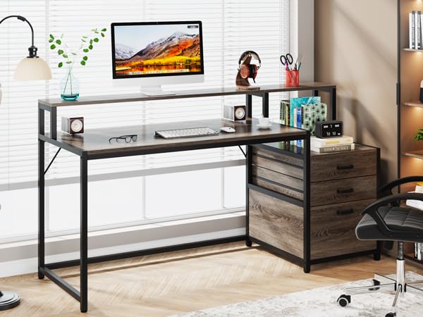 Tribesigns 63 Inch Computer Desk with File Drawer Cabinet, Monitor Stand R256671