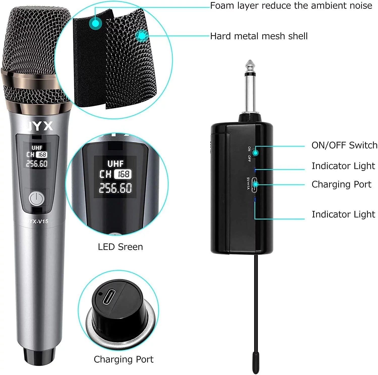 JYX Wireless Microphone UHF Metal Handheld Dynamic Mic for Karaoke G7003