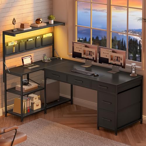 Itaar L Shaped Gaming Desk with LED Lights and Storage, Black P62712