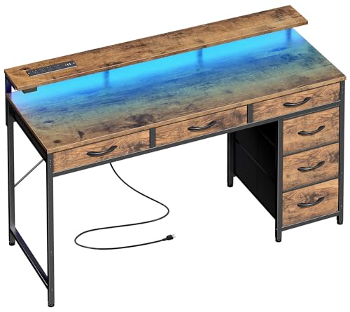 Huuger Gaming Desk with 6 Drawers, LED Lights, 47 Inch, Black N423283