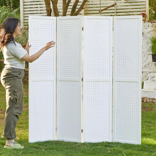 Pegboard Display 5.6Ft Wooden Room Divider Folding Privacy Screen Freestanding Wall Organizer, 4 Panels, Natural C603