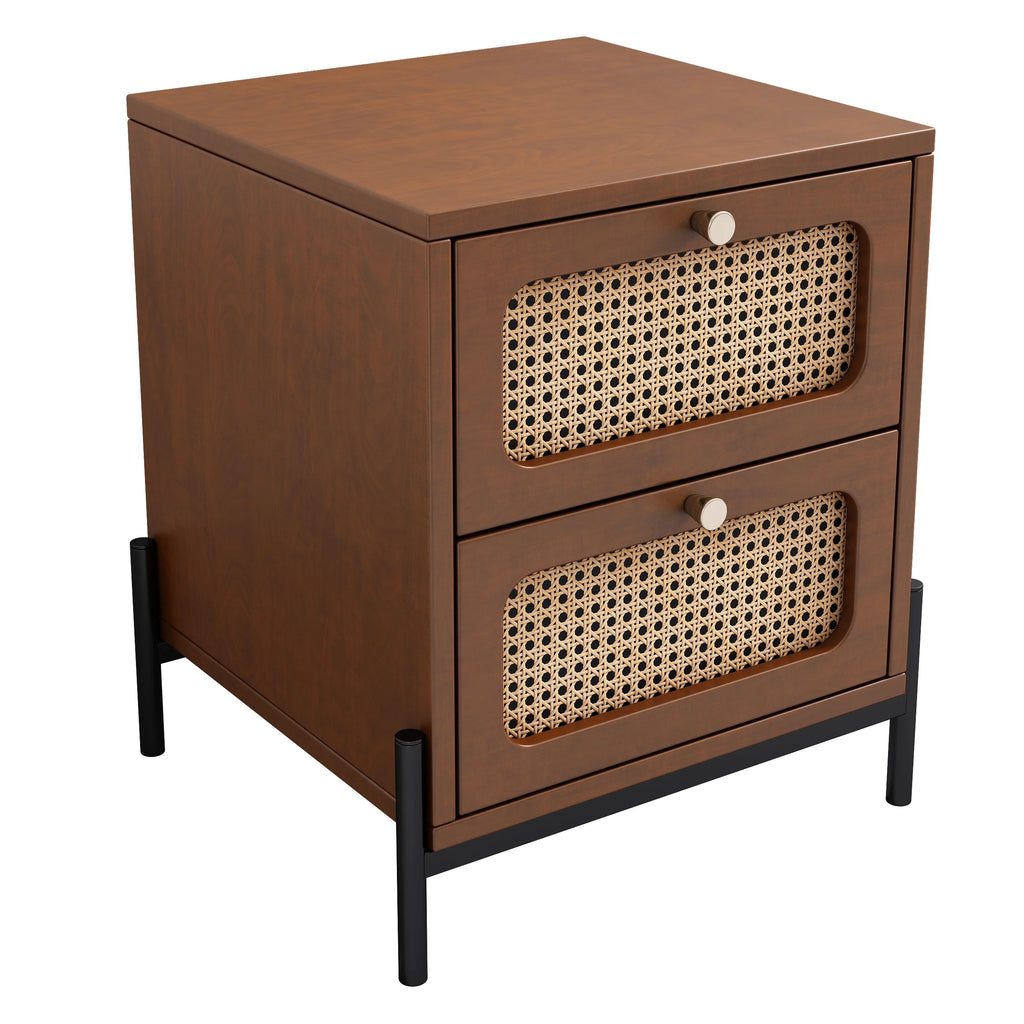 CoSoTower Rattan Wood 2-Drawer Side Table Nightstand, Walnut R303