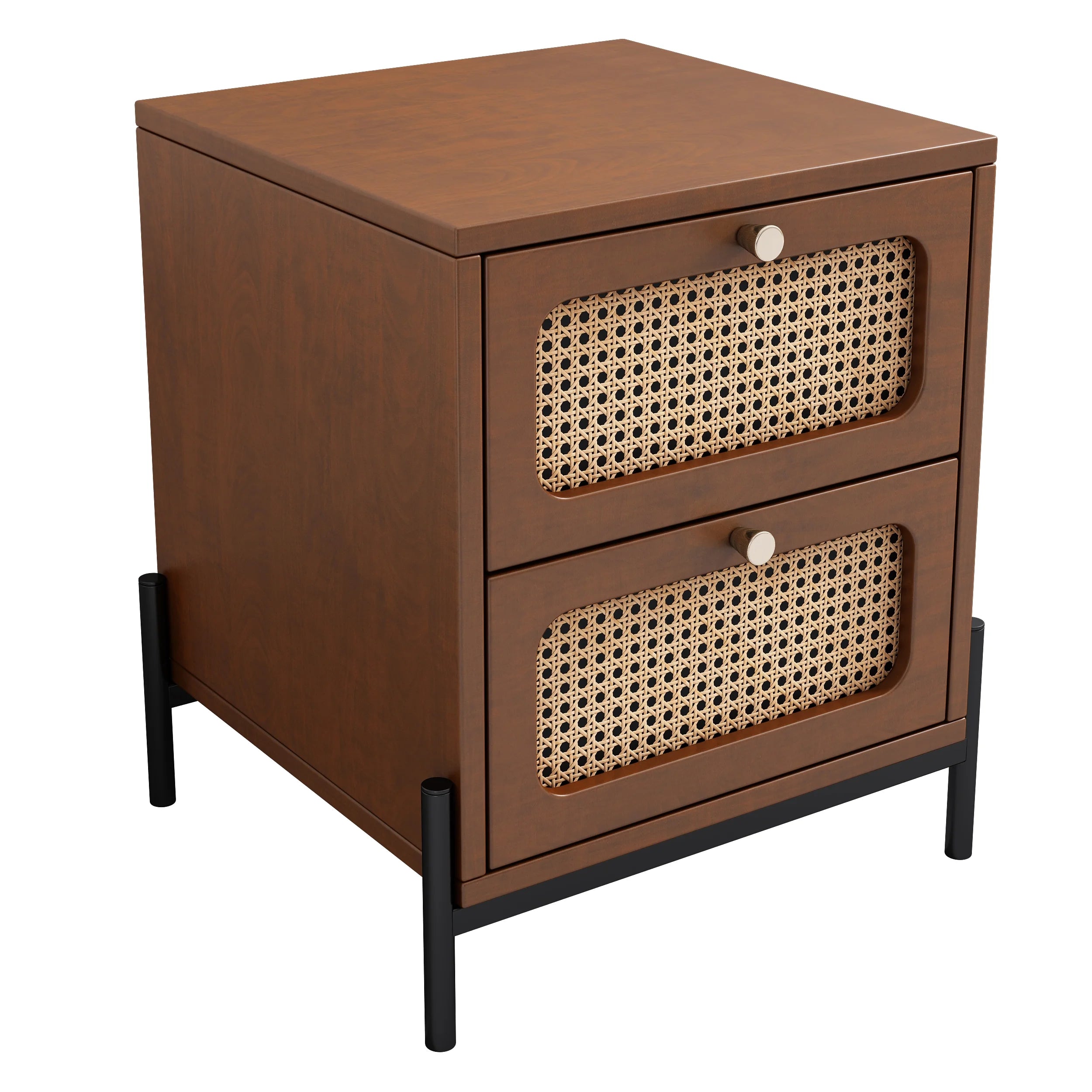 CoSoTower Rattan Wood 2-Drawer Side Table Nightstand, Walnut R303