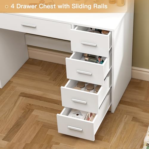 Quimoo Makeup Vanity Desk with Mirror & Lights, 5 Drawers, White Y954