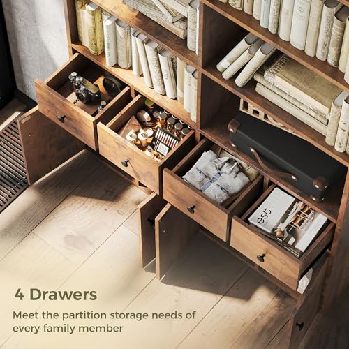 IRONCK 78.7" Bookcase with 4 Drawers and 4 Doors, 6 Tier, Vintage Black Z686086