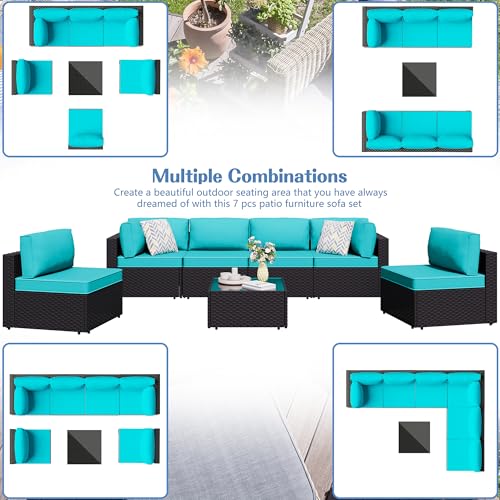 Shintenchi 5-Piece Outdoor Patio Sectional Sofa with Cushions and Glass Coffee Table, Aegean Blue U127322